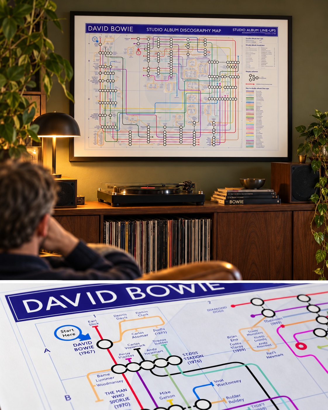 A David Bowie studio album music art print displayed on a wall in a cosy room, with a person sitting in the foreground and a close-up inset of the map showing detailed tube-style line artwork and text.
