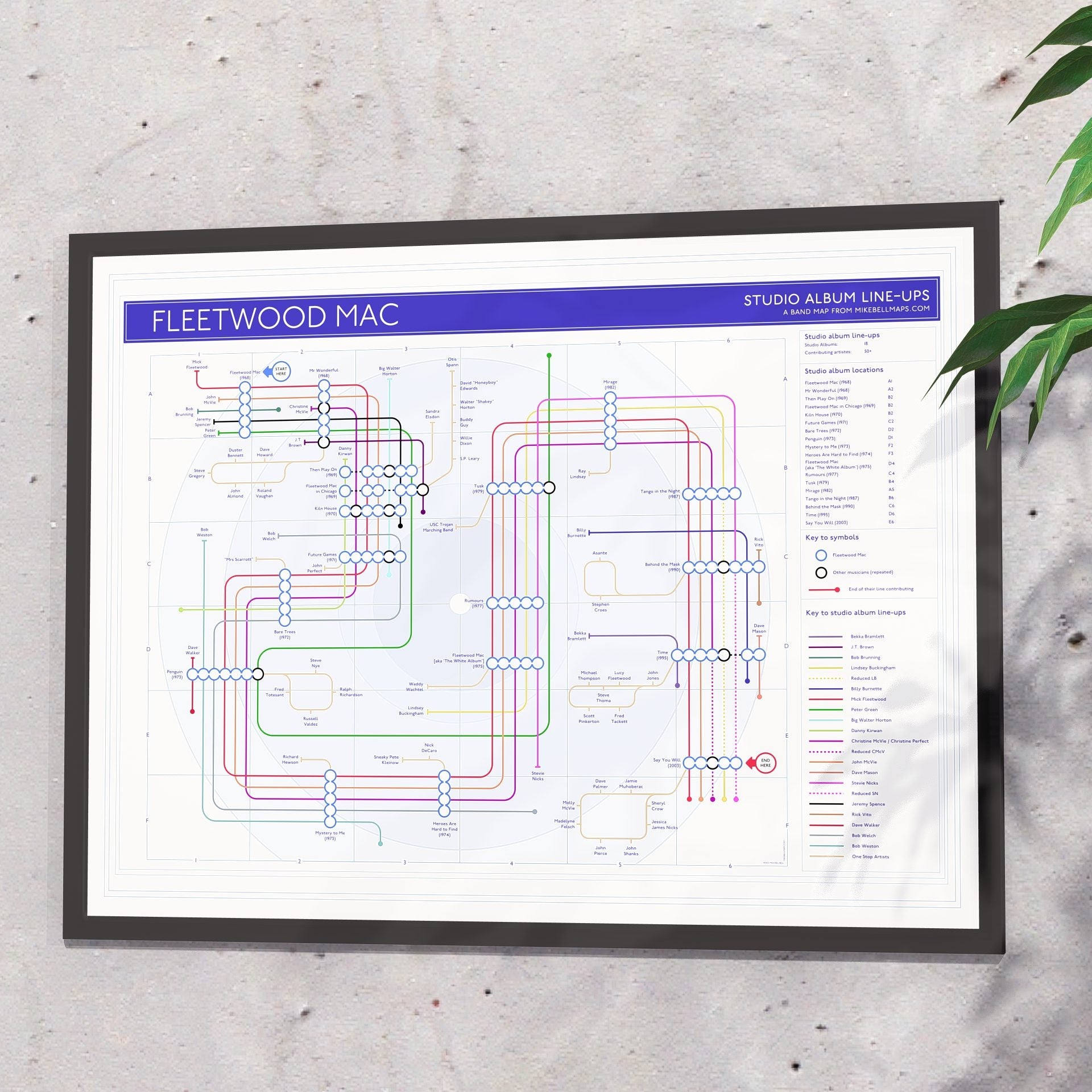 Gift for Fleetwood Mac fans - 24x18in (A2 equivalent) framed Giclée discography tube map wall art print, designed by Mike Bell.