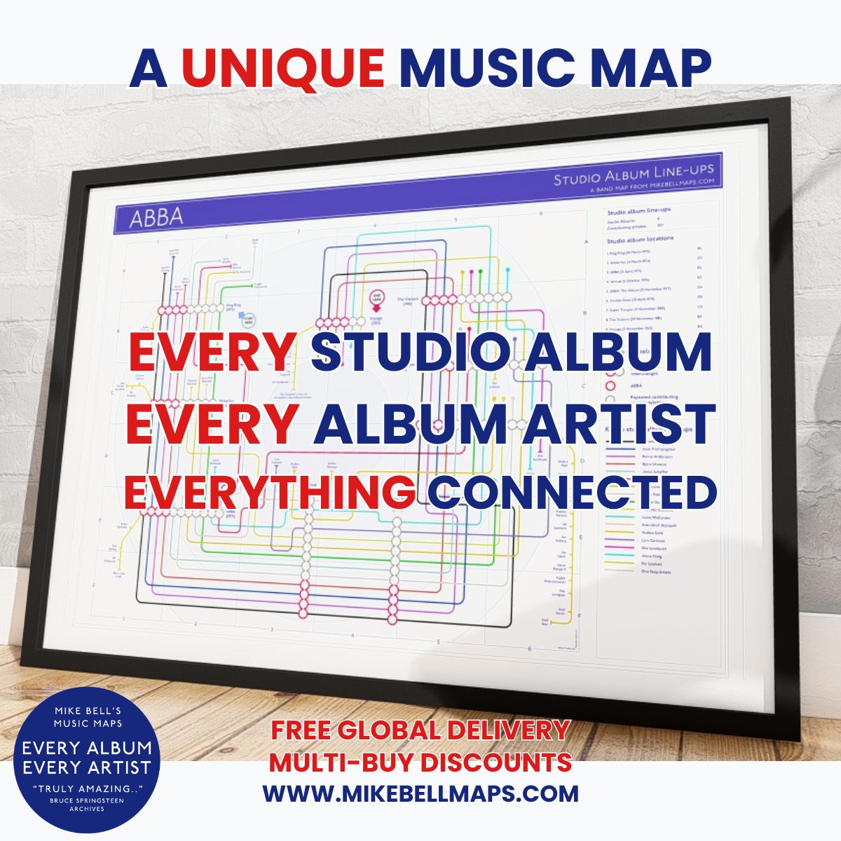 Framed map of ABBA music albums with text about a unique music map