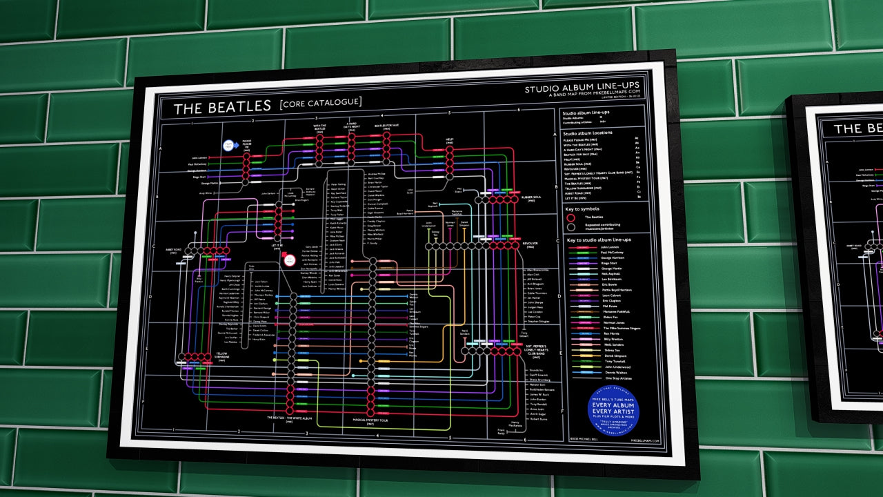 Beatles Studio Albums Music Map art print, framed and unframed, A3, A2, A1 sizes.