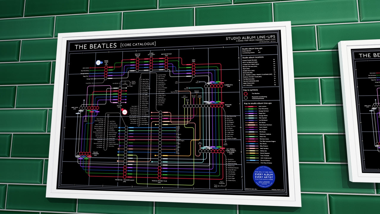 Beatles Studio Albums Music Map art print, framed and unframed, A3, A2, A1 sizes.
