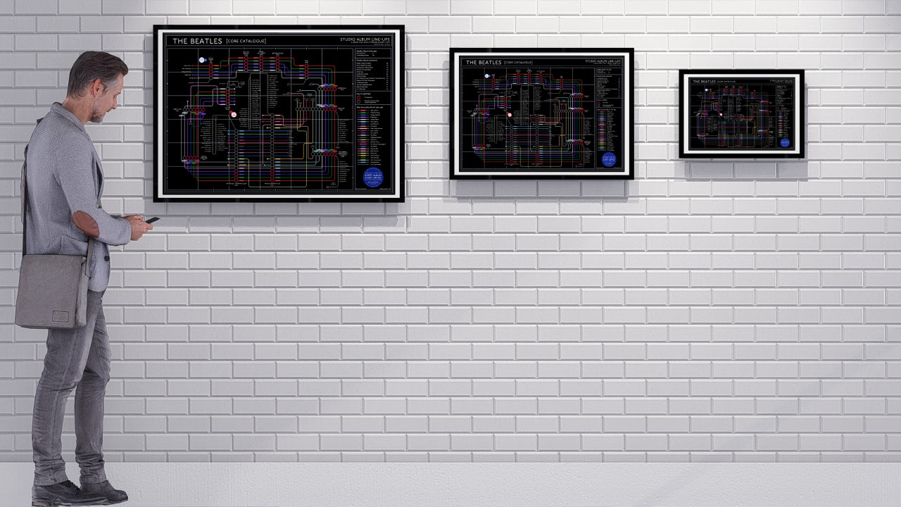 Person interacting withBeatles art prints display on a white brick wall