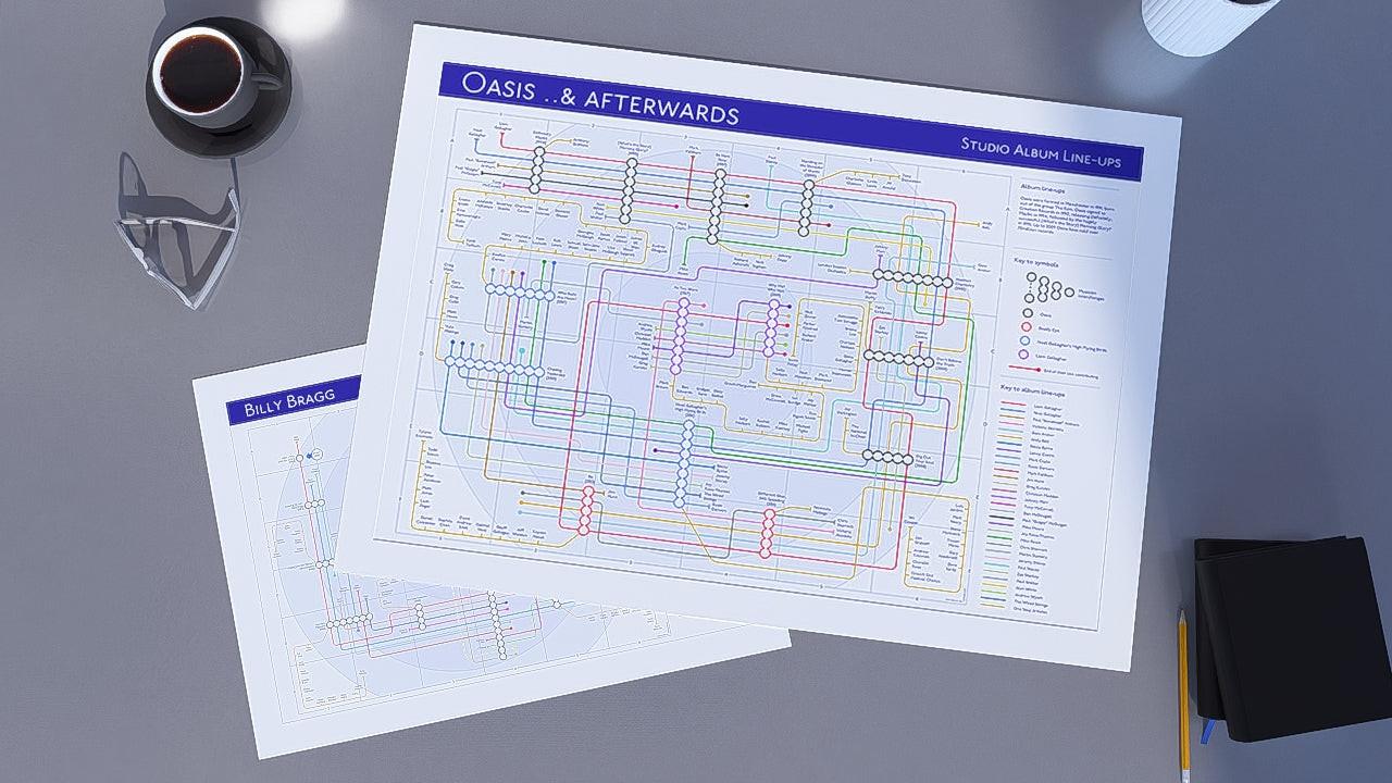 Billy Bragg discography map close detail showing the early solo electric guitar era, Giclée wall art print by Mike Bell at mikebellmaps.com.
