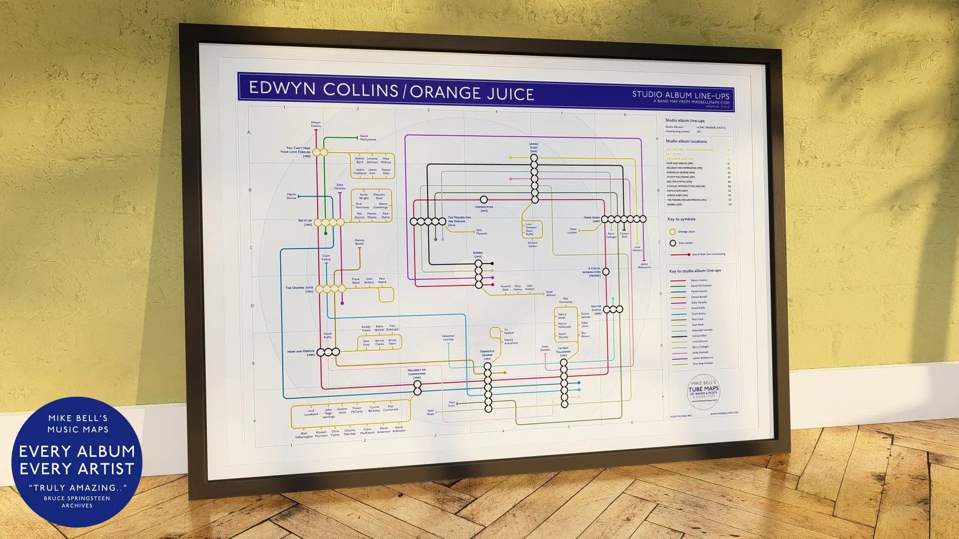 Close-up of Edwyn Collins discography map showing musicians and album stations