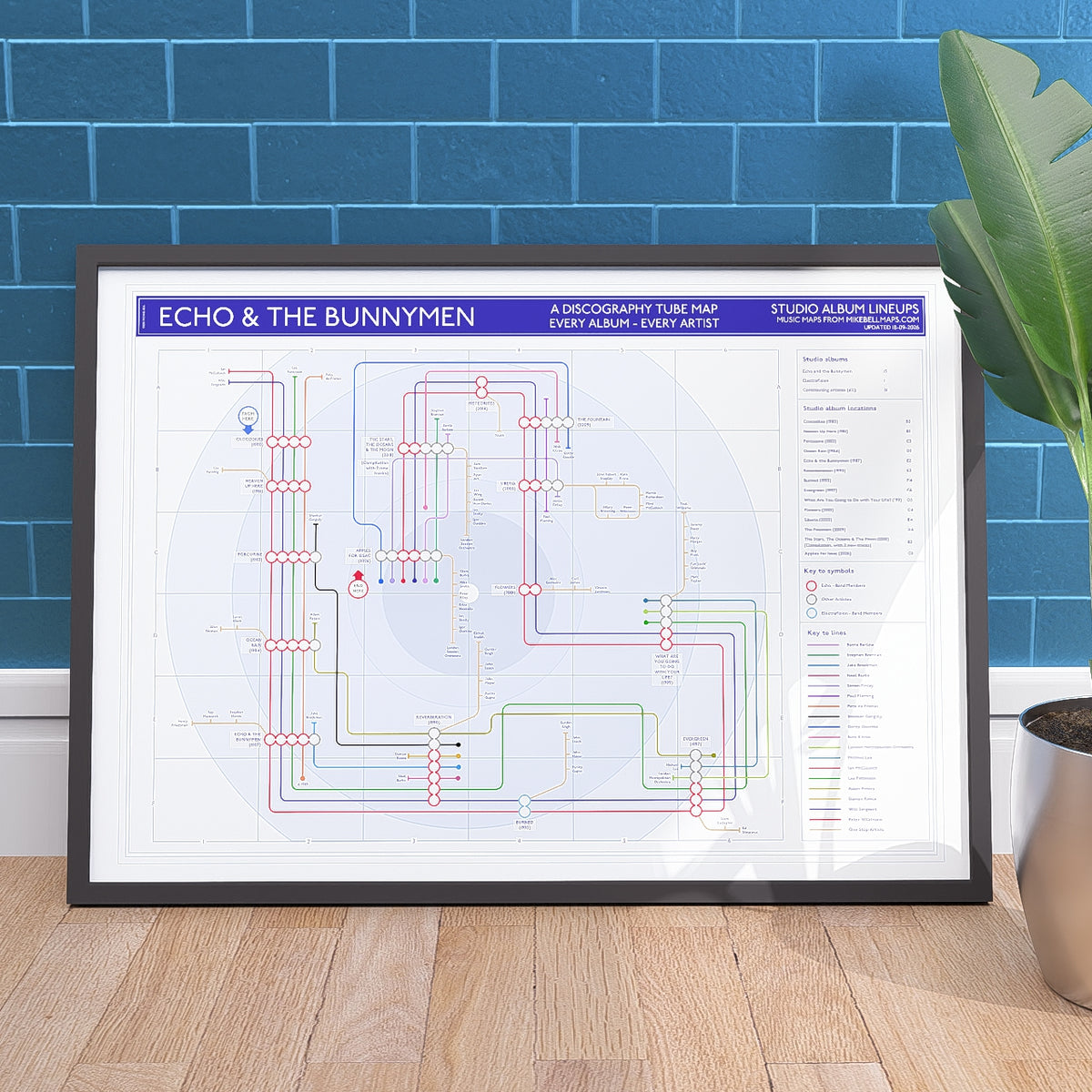 Ideal gift for Echo and the Bunnymen fans - discography map wall art print in an A1 landscape frame, hung on a feature wall, showing the albums in order, designed by Mike Bell at mikebellmaps.com.