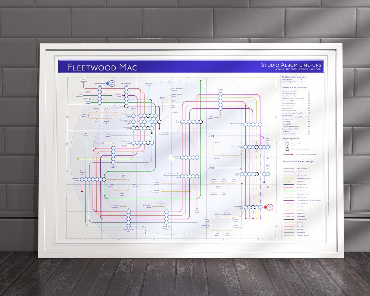 Fleetwood Mac discography map wall art print in a black A1 landscape frame, hung on a feature wall, showing every studio album in order, designed by Mike Bell at mikebellmaps.com.