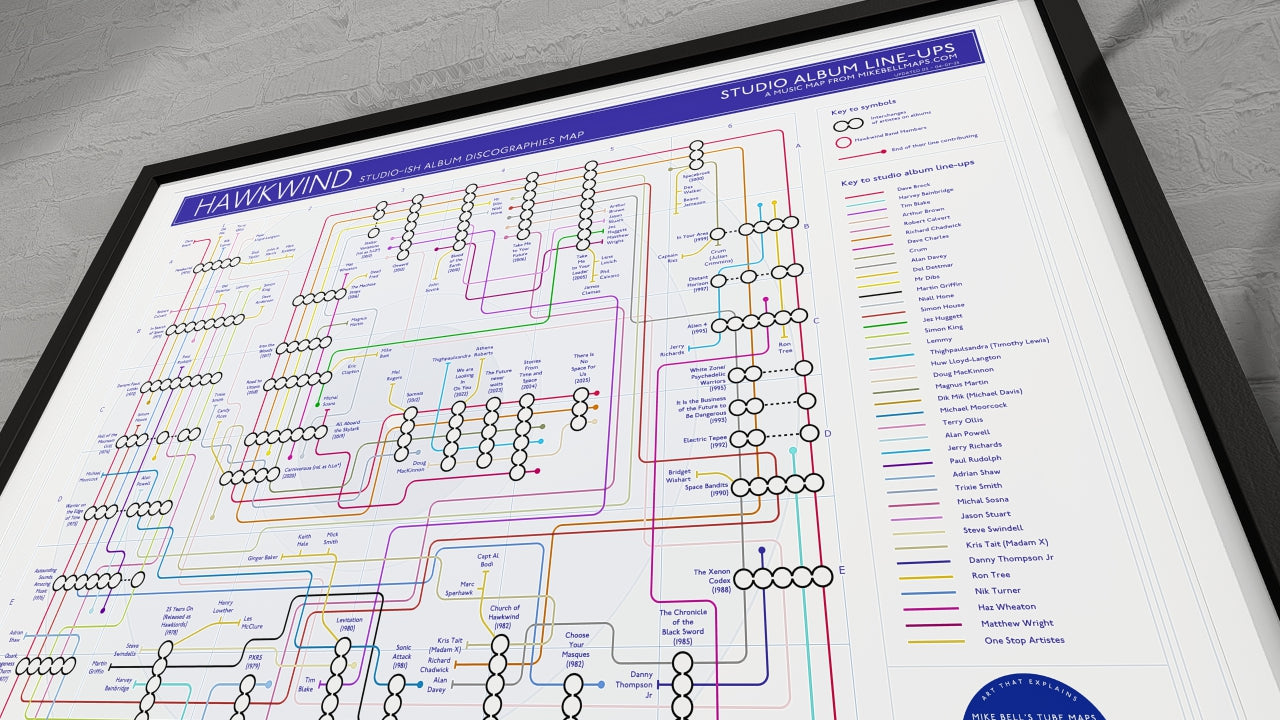 Each station a track, each line a musician - this Hawkwind map channels albums in order energy into an interstellar visual tribute and collector-grade gift for fans.