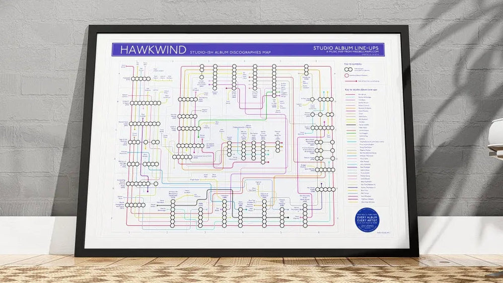 Hawkwind art print of unique music maps.
