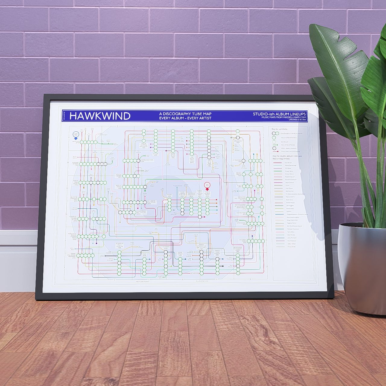 Ideal gift for Hawkwind fans - discography map wall art print in a black A1 landscape frame, hung on a feature wall, showing every studio album in order across five decades of line-up changes, designed by Mike Bell at mikebellmaps.com.