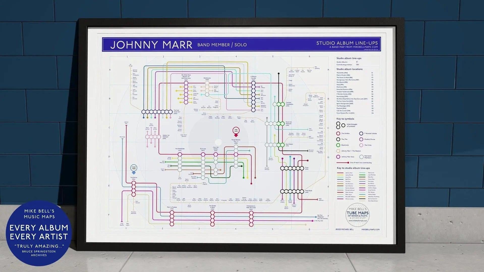 Johnny Marr and The Smiths discography map wall art print in a black A1 landscape frame, hung on a feature wall, showing every studio album in order across Marr&