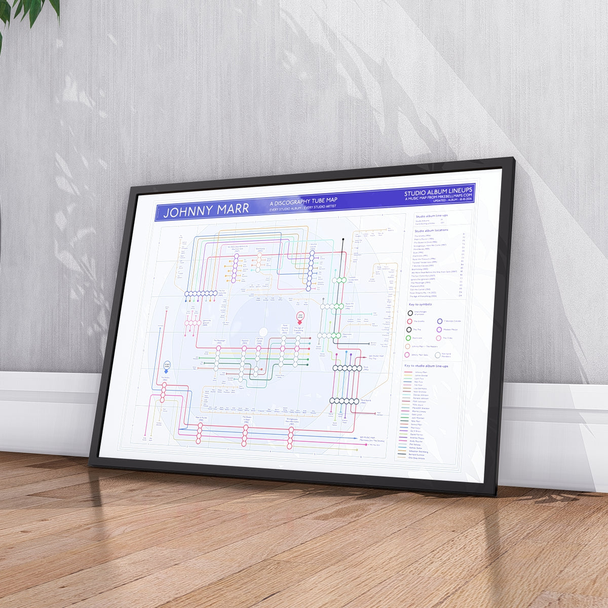Johnny Marr and The Smiths discography tube map art print showing the studio albums in order across Marr's career, Giclée wall art print by Mike Bell at mikebellmaps.com.