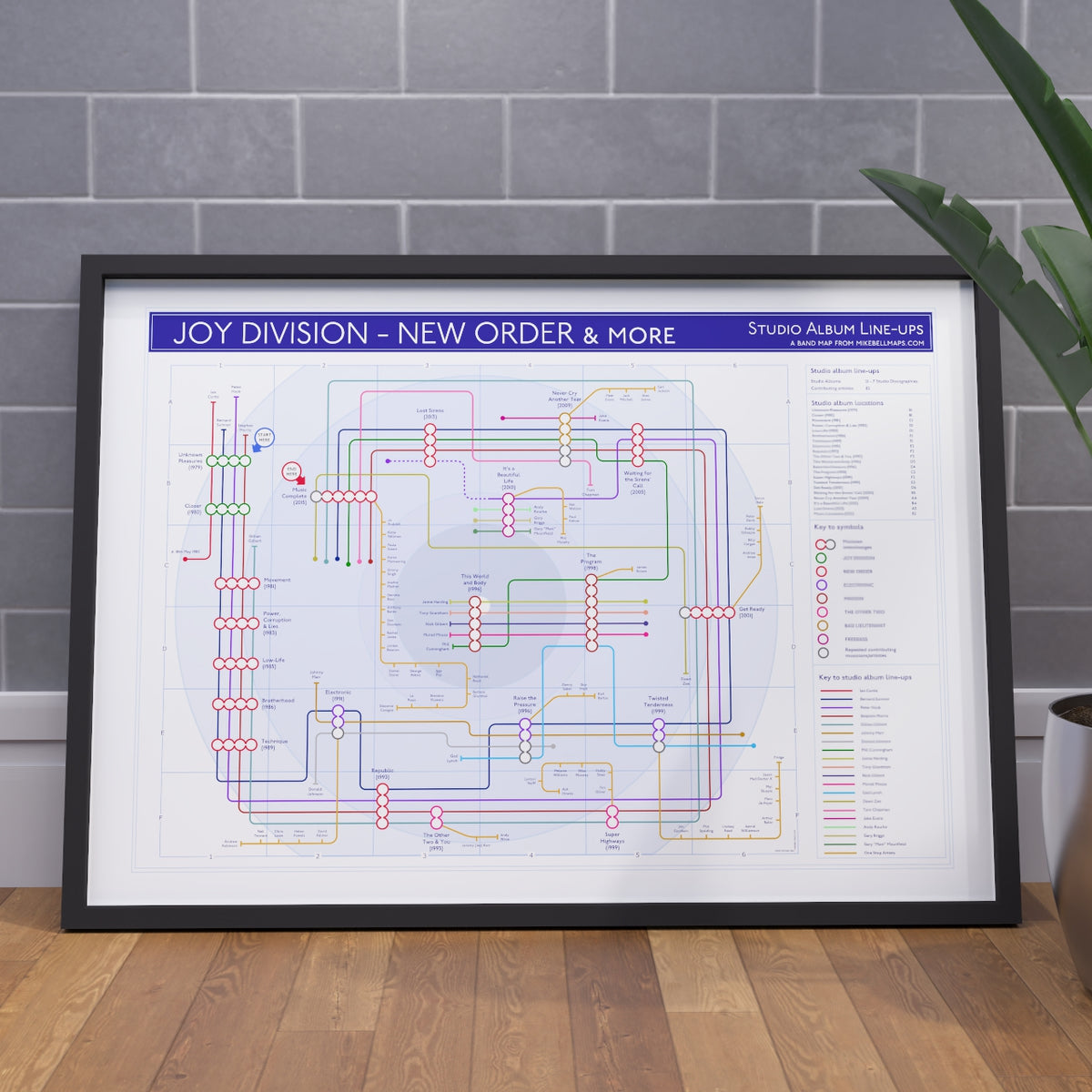 Ideal gift for Joy Division and New Order fans - A1 framed Giclée discography tube map hung on a feature wall, showing the studio albums from Unknown Pleasures (1979) through Closer (1980) where Joy Division becomes New Order, with Bernard Sumner, Peter Hook and Stephen Morris as the three continuous lines crossing both bands, designed by Mike Bell at mikebellmaps.com.