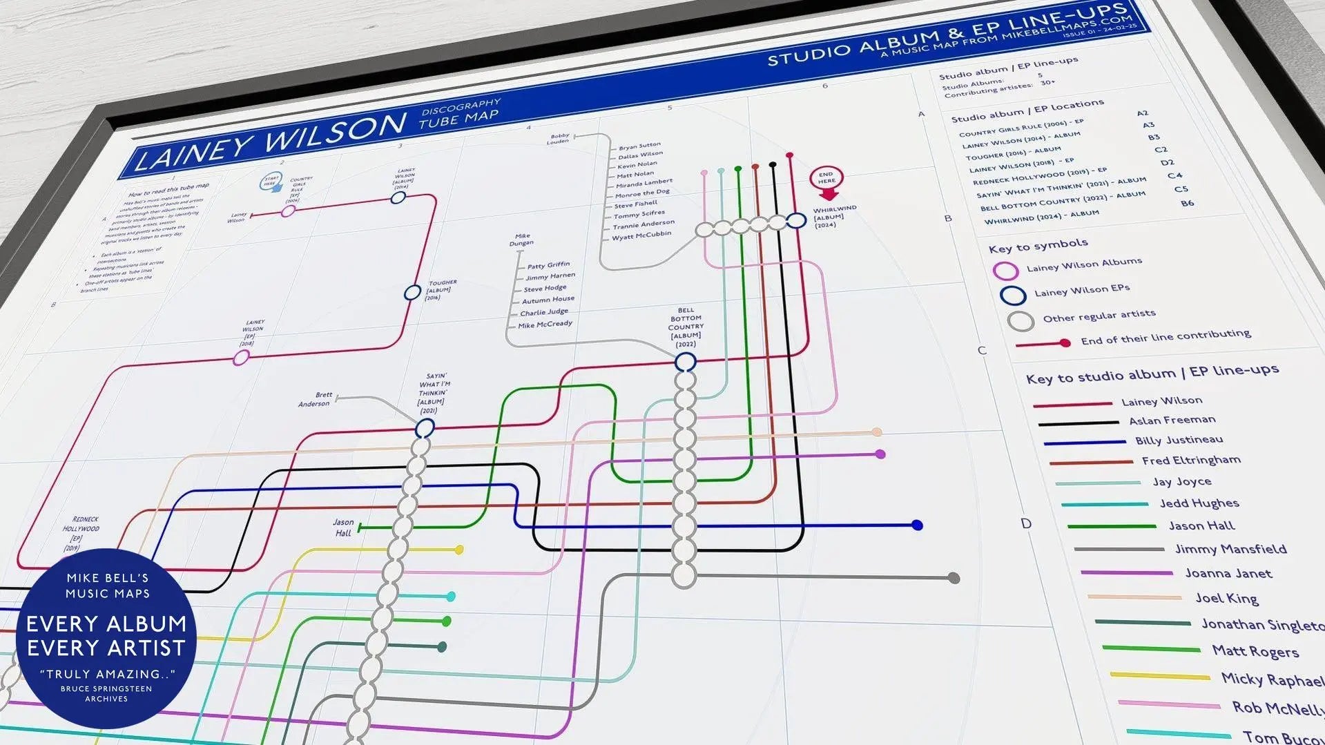 Close-up of a detailed music map showing Lainey Wilson’s discography and featured artists.