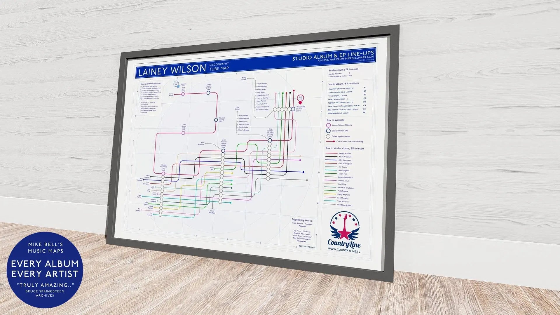 Lainey Wilson unique art print of a music map highlighting her complete studio discography and every artist collaboration.