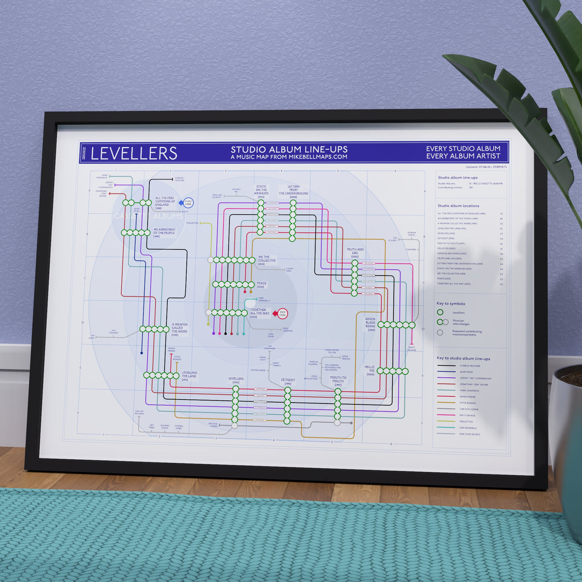 Ideal gift for Levellers fans - discography map wall art print in an A1 landscape frame, hung on a feature wall, showing the studio albums in order, designed by Mike Bell at mikebellmaps.com.