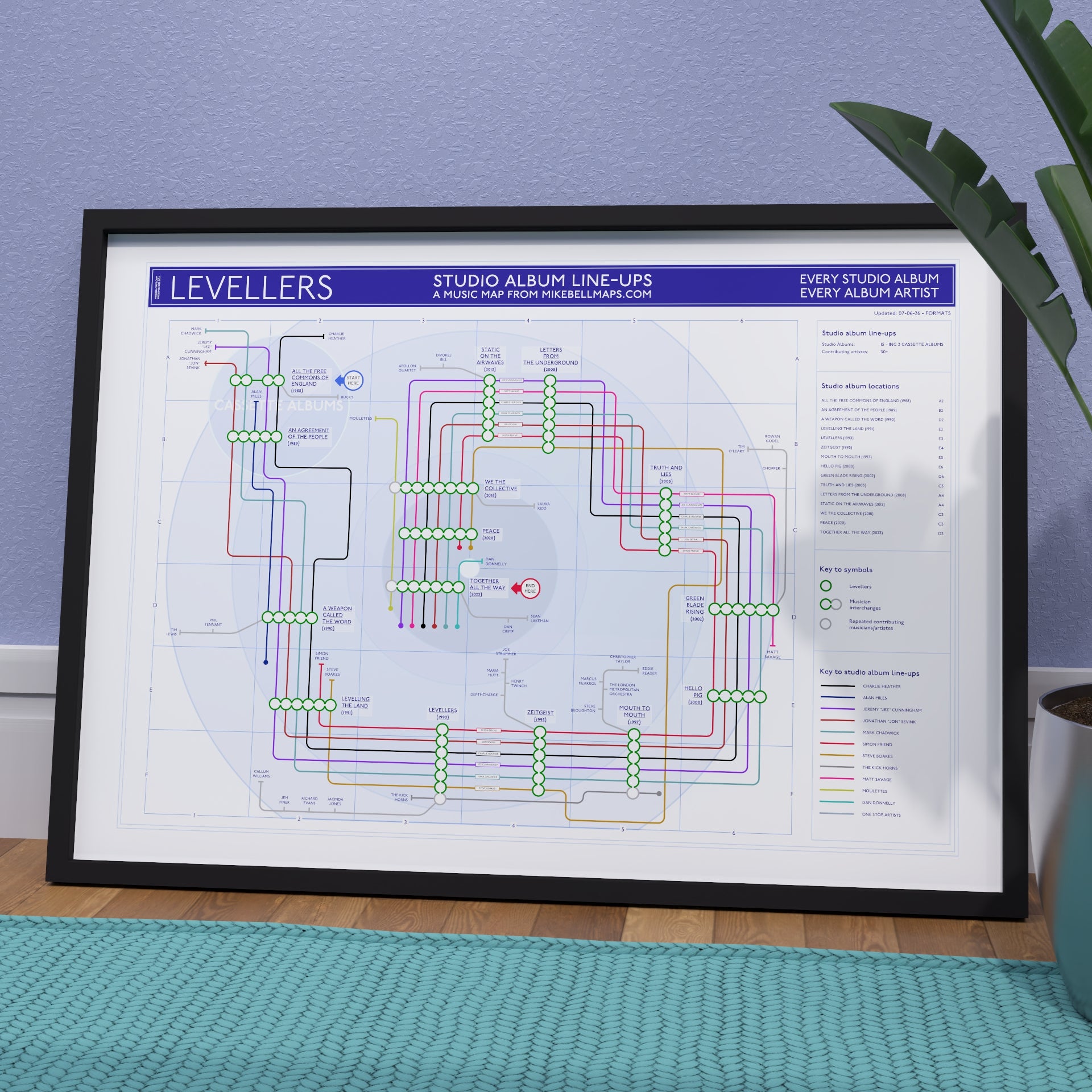 Levellers discography map wall art print in a black A1 landscape frame, hung on a feature wall, showing every studio album in order, designed by Mike Bell at mikebellmaps.com.
