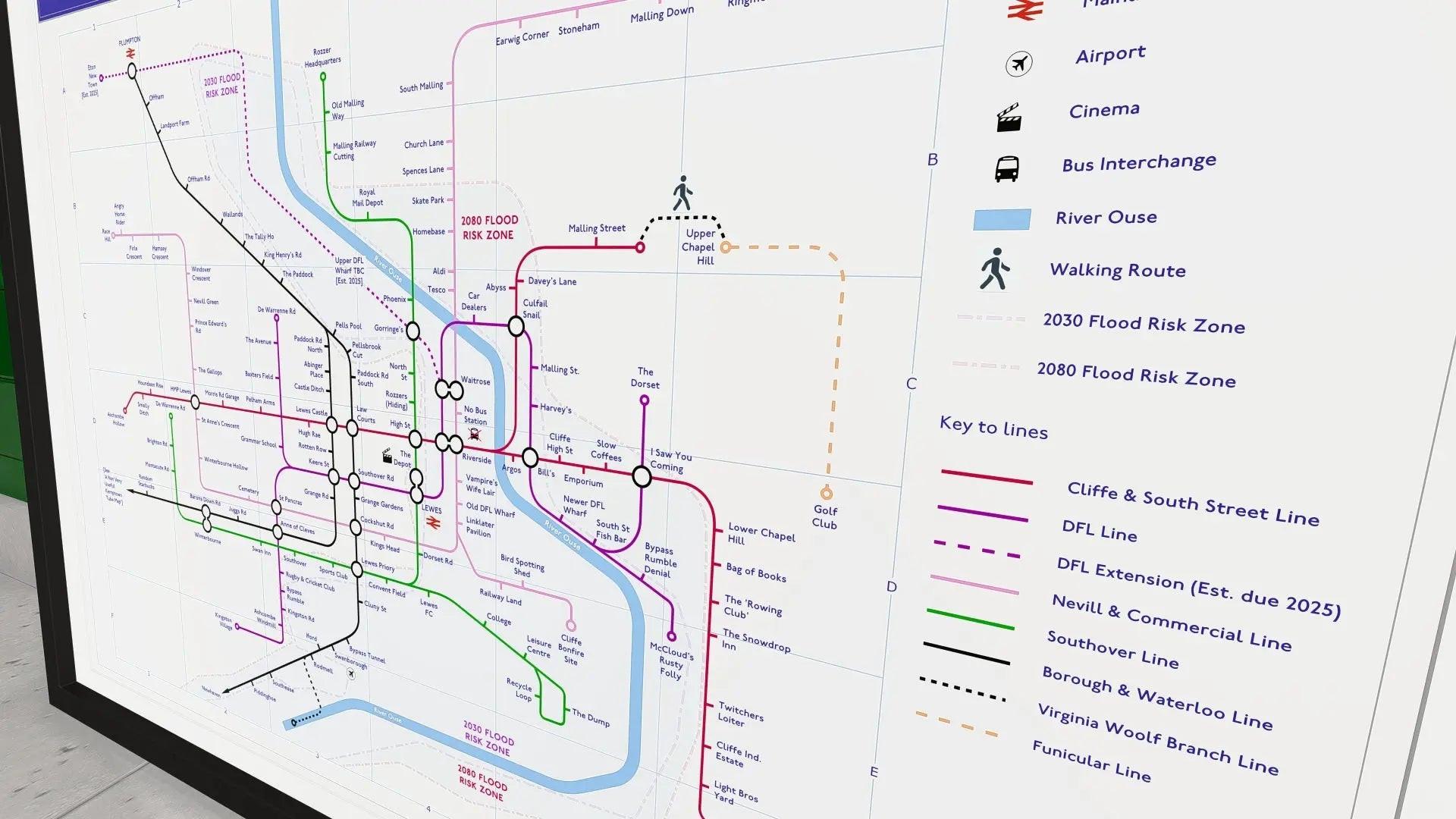 Housewarming gift for Sussex locals - A2 (420x594mm, 18x24in) Lewes Tube Map, Giclée wall art print of the East Sussex market town as a London Underground-style network of landmarks, drawn in 2020 by Mike Bell at mikebellmaps.com.