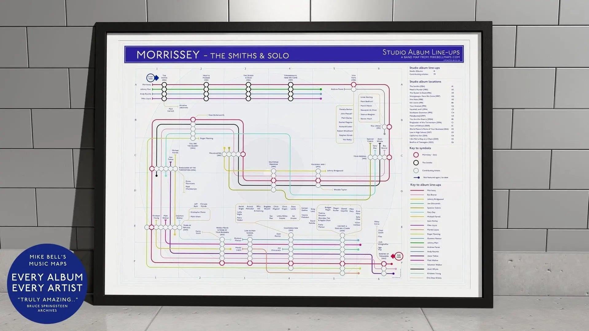 Morrissey discography map wall art print in a black A1 landscape frame, hung on a feature wall, showing every solo studio album in order, designed by Mike Bell at mikebellmaps.com.