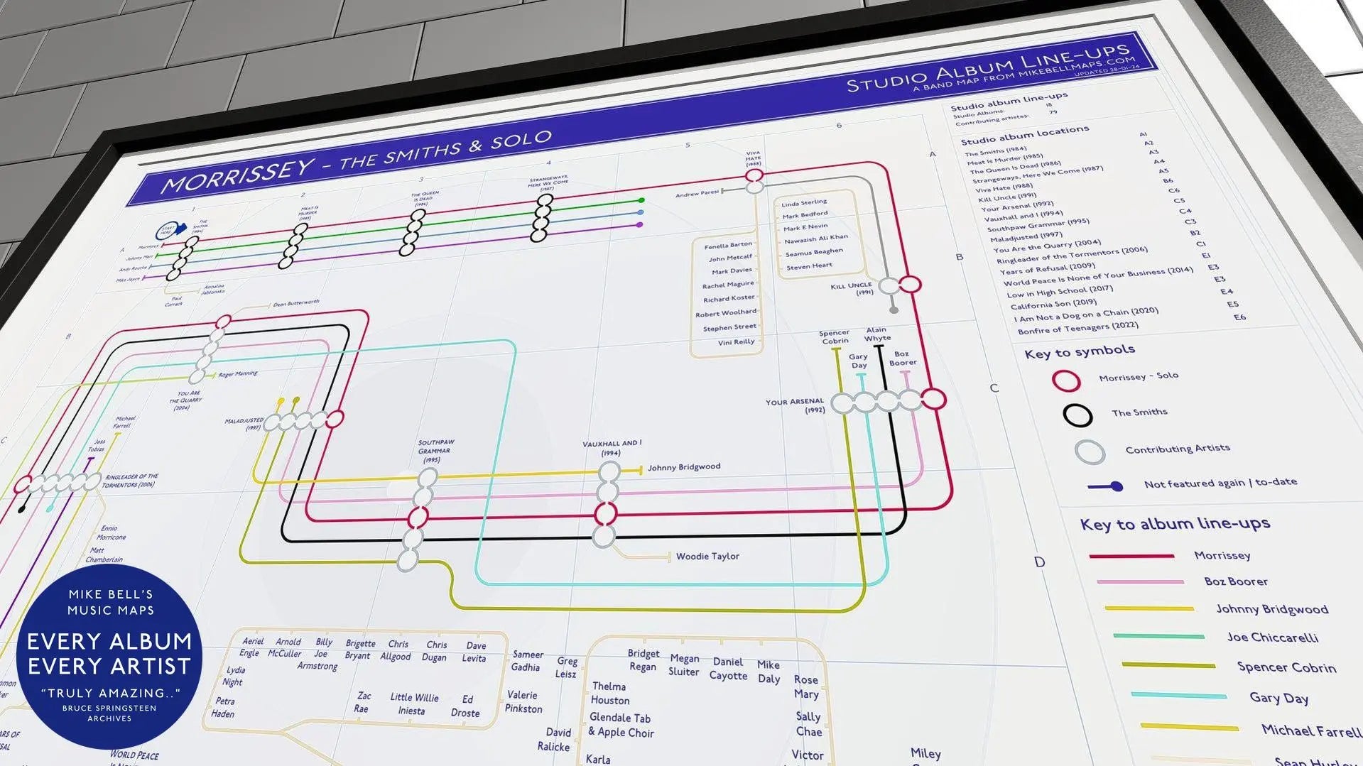 Close-up of a Morrissey discography map, showing band members and album line-ups.