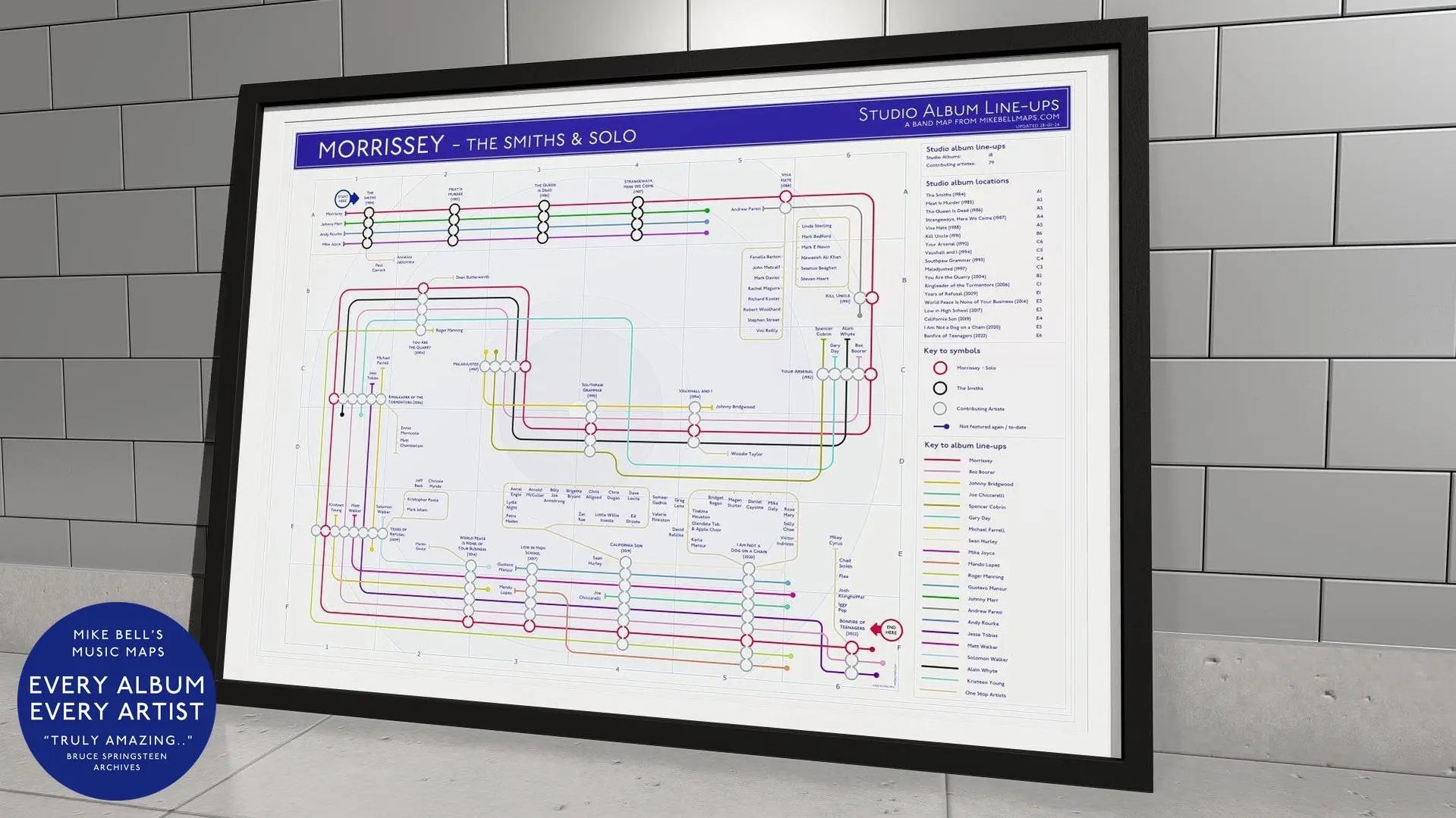 Framed timeline map tracing Morrissey’s career from The Smiths to his solo albums.