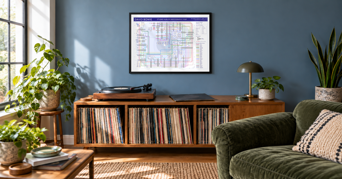 A framed Bowie music art print hangs on a blue wall above a wooden record cabinet in a styled living room with a green sofa, plants, and a record player.