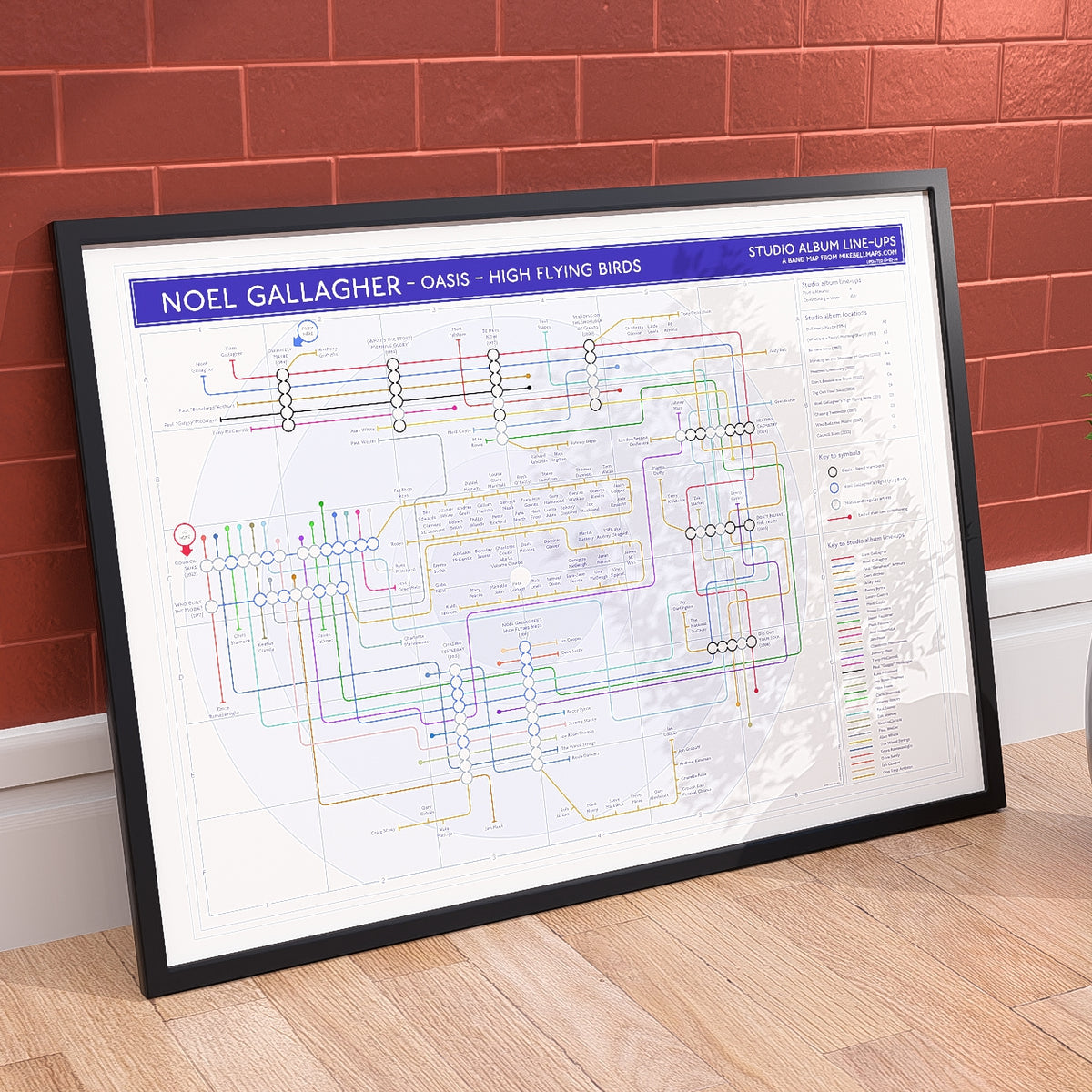 Ideal gift for Noel Gallagher fans - discography map wall art print in an A1 landscape frame, hung on a feature wall, showing every studio album in order across Oasis and High Flying Birds, designed by Mike Bell at mikebellmaps.com.