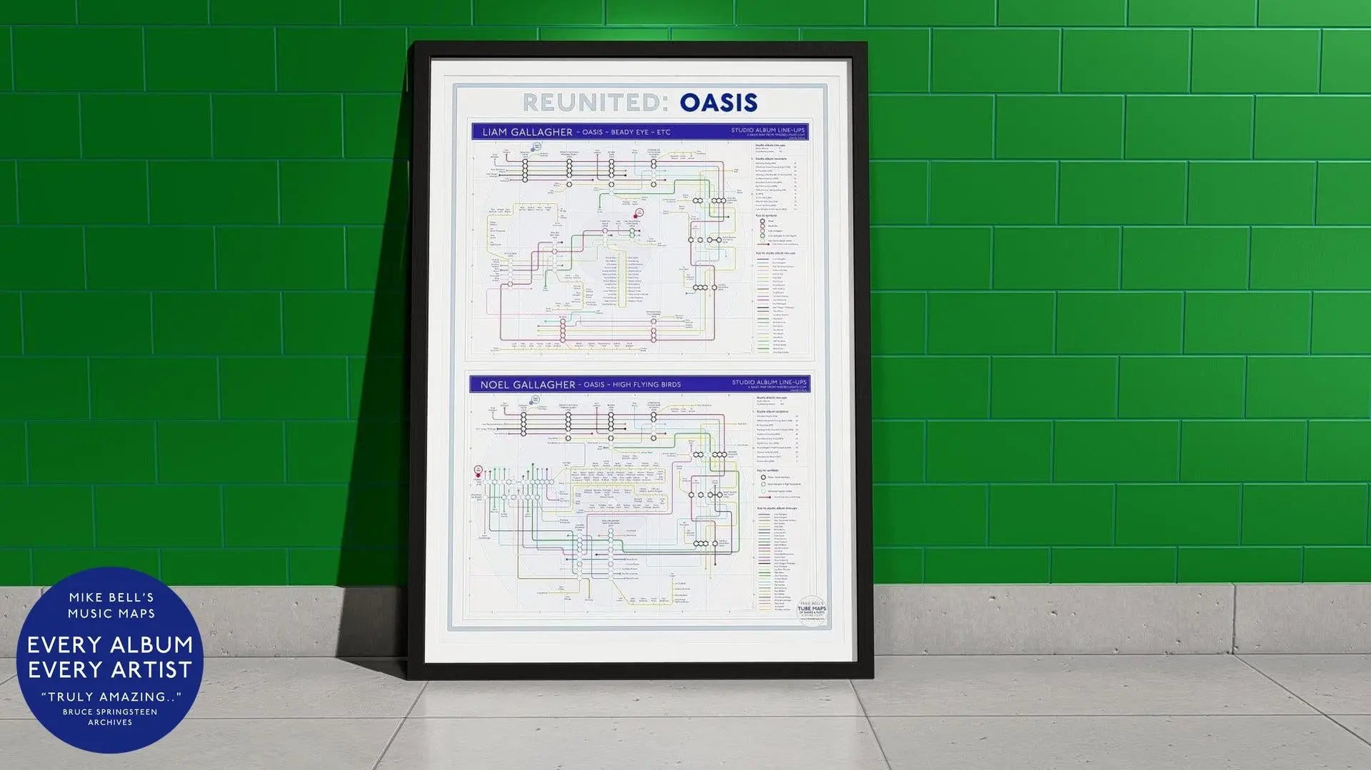 Framed "Oasis" infographic print detailing the musical careers of Liam and Noel Gallagher, leaning against a green tiled wall.
