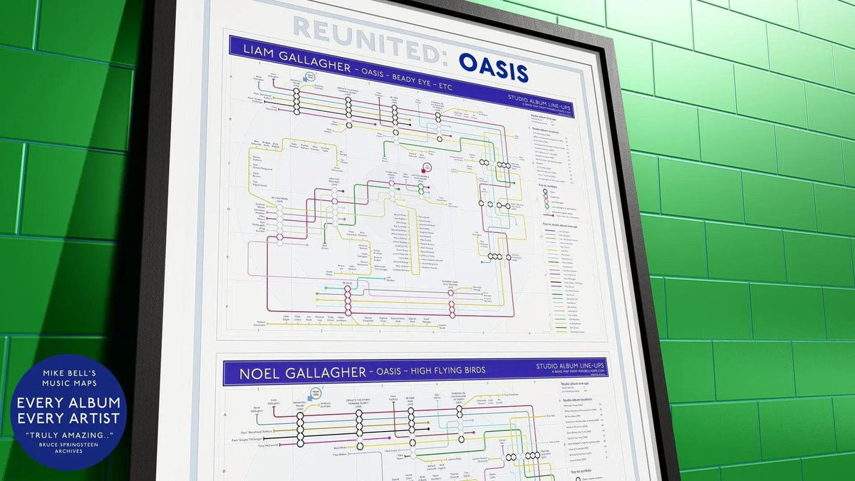 Music wall art gift for Oasis fans - albums in order music map in A2 landscape unframed, Giclée wall art print from Mike Bell&