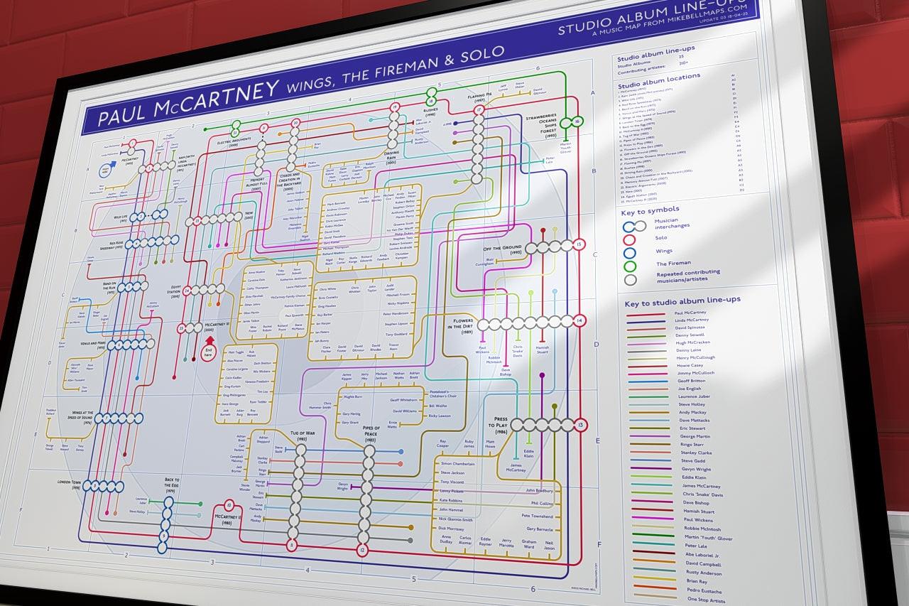 Paul McCartney solo and Wings albums in order music map in A2 landscape unframed, Giclée wall art print from Mike Bell&