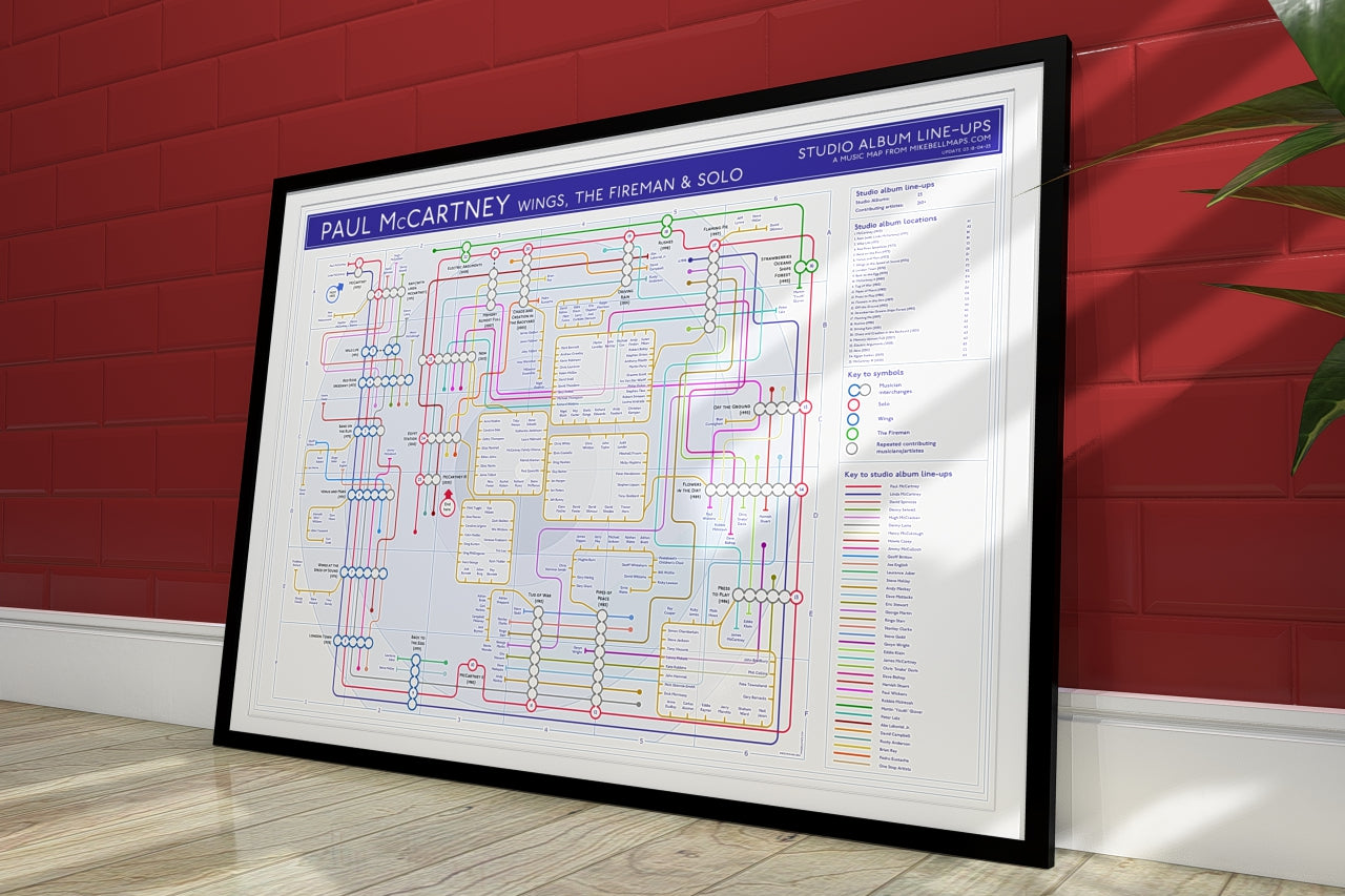 Paul McCartney unique art print, featuring a music map design of records and gigs, ideal for fans or as a gift.