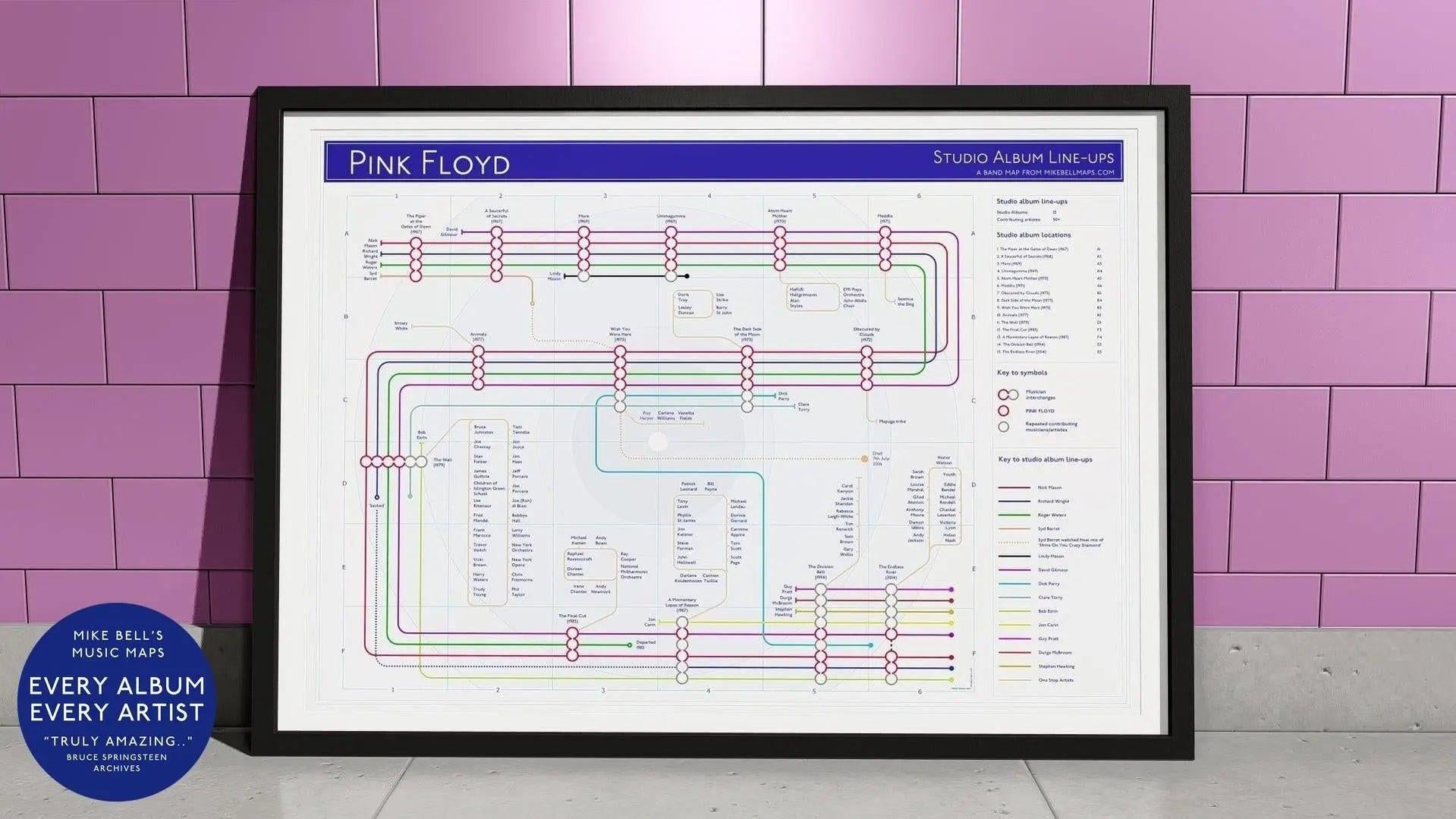 Pink Floyd discography map wall art print in a black A1 landscape frame, hung on a feature wall, showing every studio album in order, designed by Mike Bell at mikebellmaps.com.