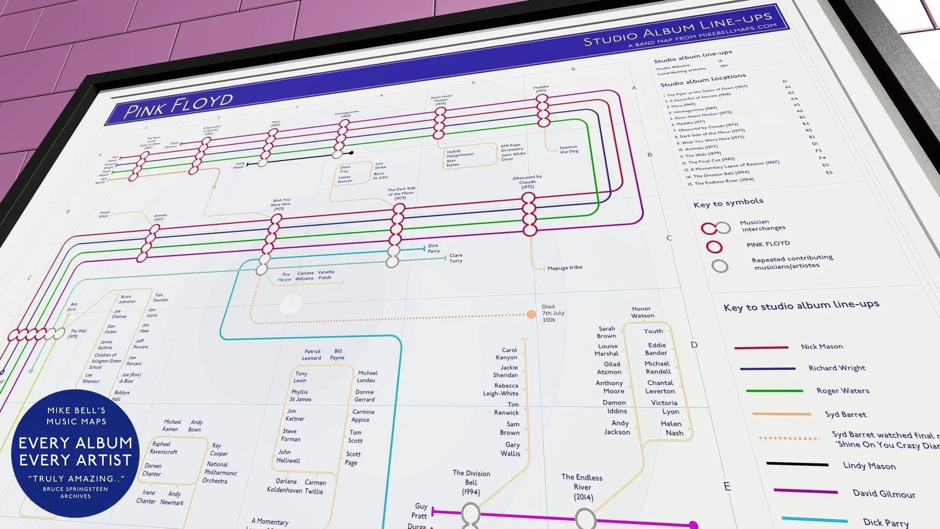 Pink Floyd Art Prints, unique music maps of album names, concert venues, or song titles, perfect for fans of music, records, and gigs.
