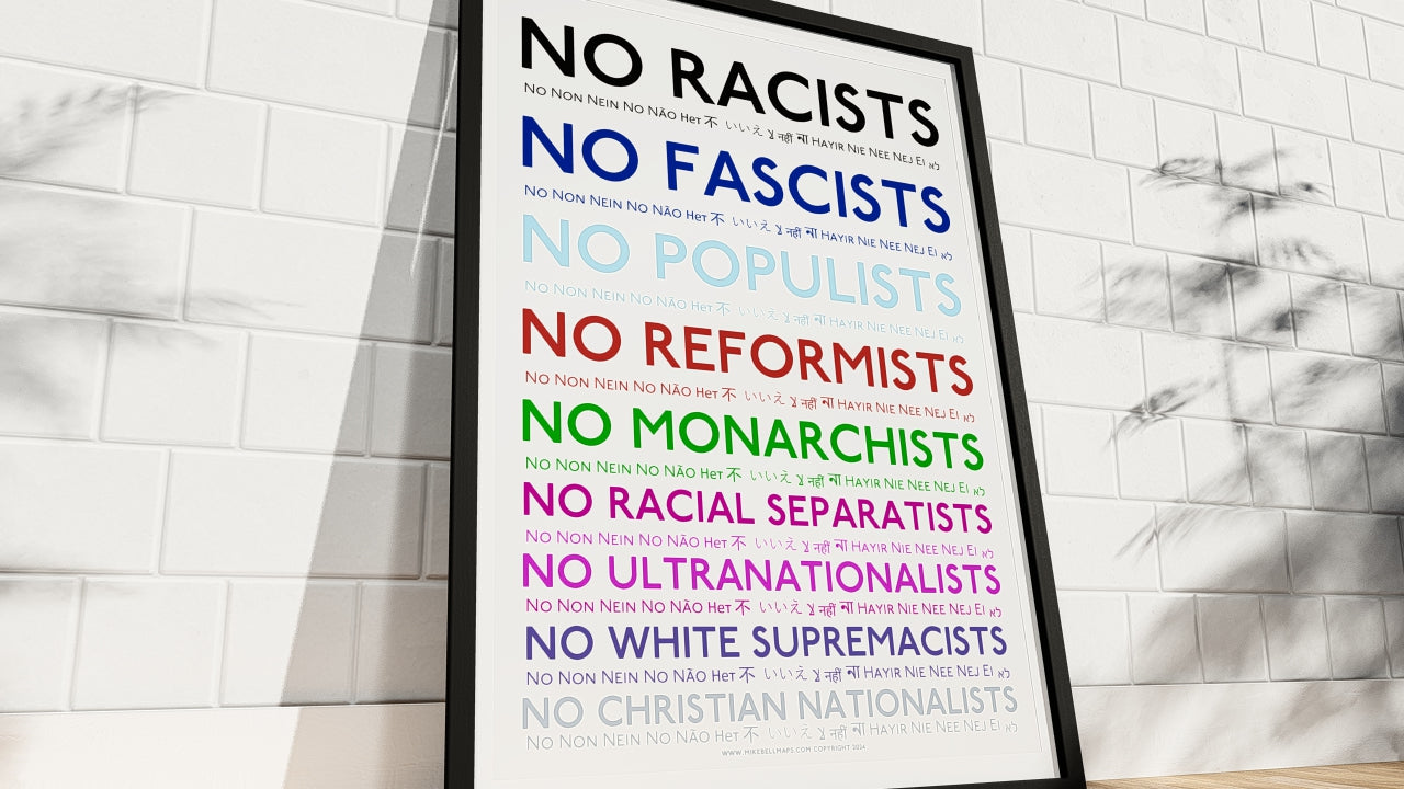 Framed Art Print with anti-racism and anti-fascism statements on a tiled wall.