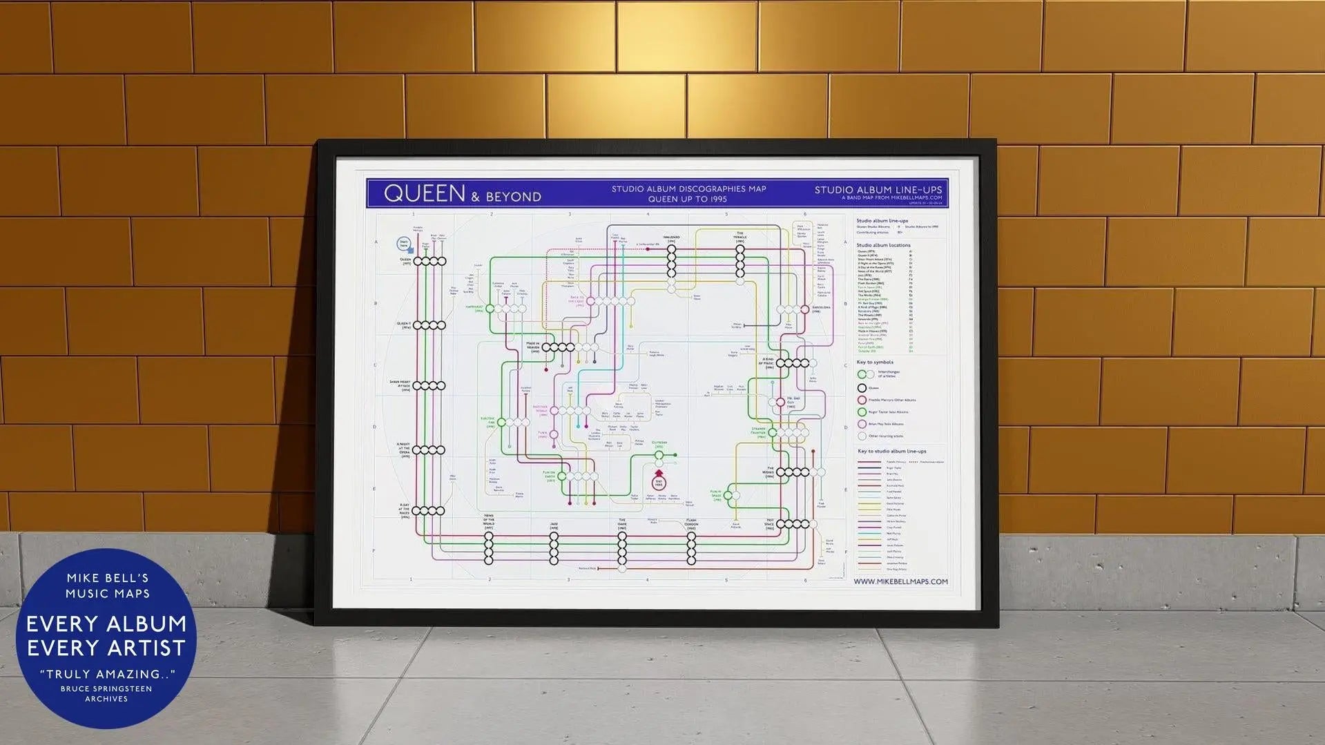 Queen discography map art print in colourful tube diagram layout