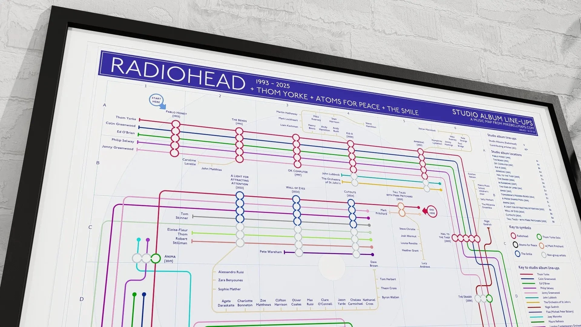 Radiohead Art Print: Unique Music Maps show album and song titles geographically. Great gift for music, records, and gig fans.