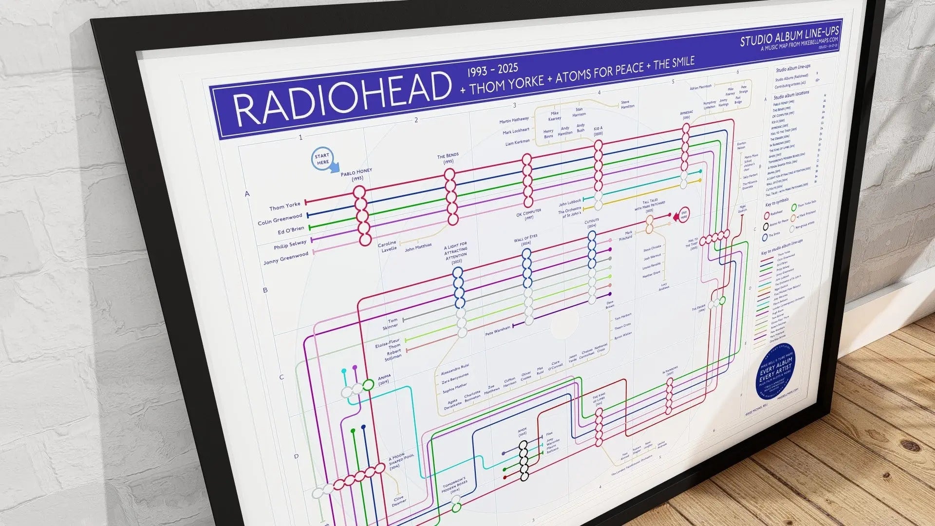 Radiohead Music Maps unique art print, showing a detailed map based on the band&