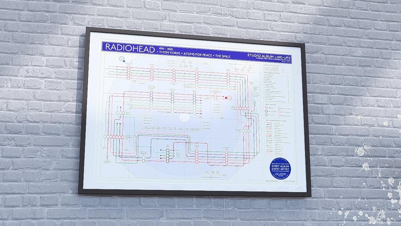 Radiohead discography map wall art print in a black A1 landscape frame, hung on a feature wall, showing every studio album in order, designed by Mike Bell at mikebellmaps.com.