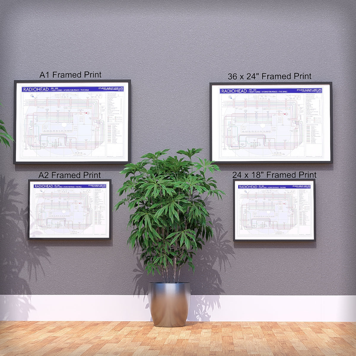 Radiohead discography tube map wall art print collection shown across the A1, A2, 24x18in and 36x24in sizes, framed and unframed, designed by Mike Bell.
