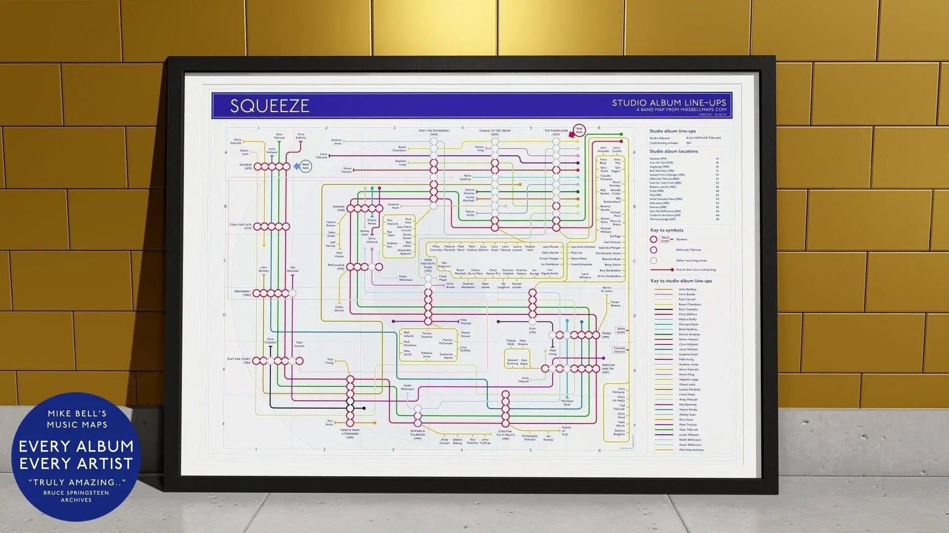Squeeze discography map wall art print in a black A1 landscape frame, hung on a feature wall, showing every studio album in order, designed by Mike Bell at mikebellmaps.com.
