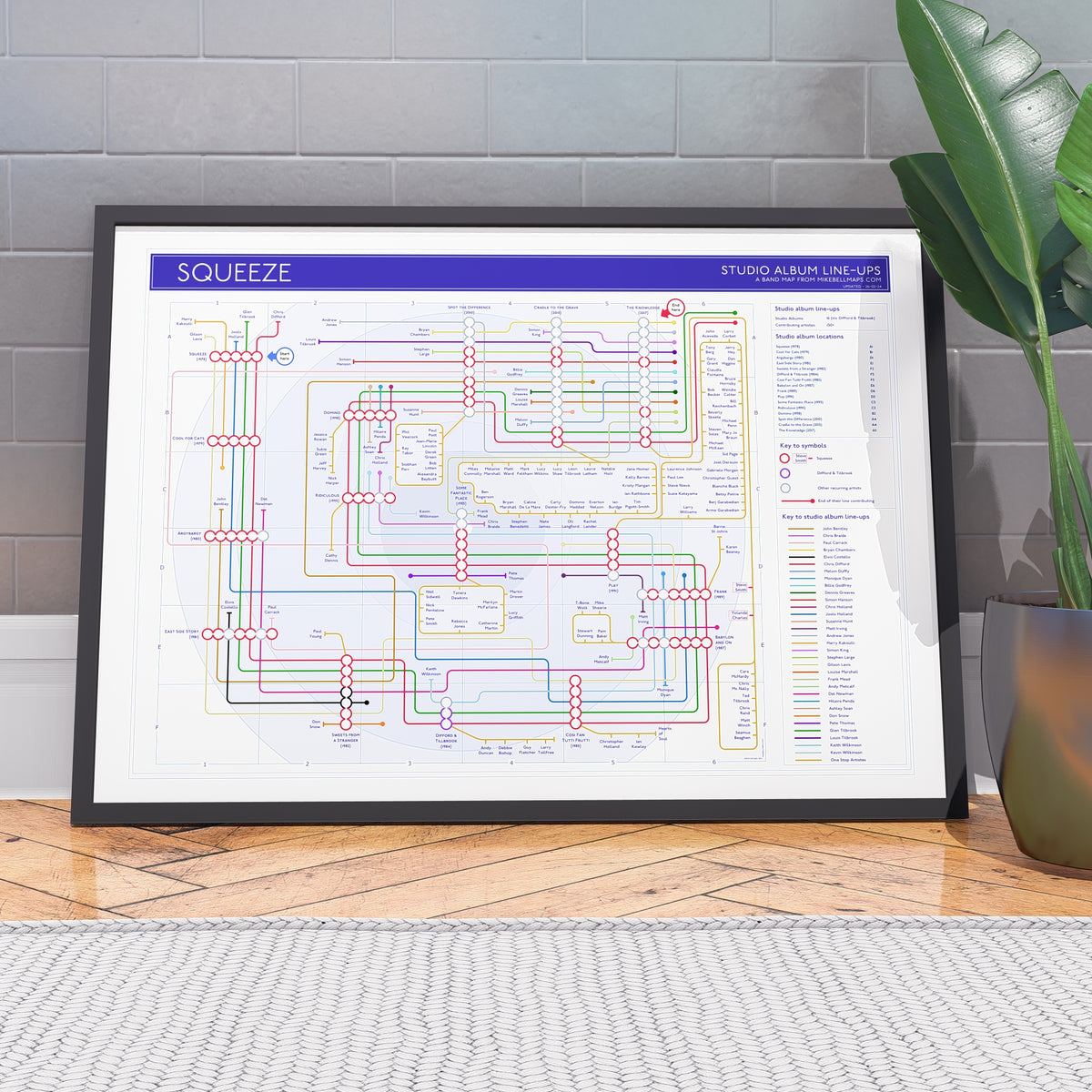 Ideal gift for Squeeze fans - discography map wall art print in an A1 landscape frame, hung on a feature wall, showing the studio albums in order, designed by Mike Bell at mikebellmaps.com.