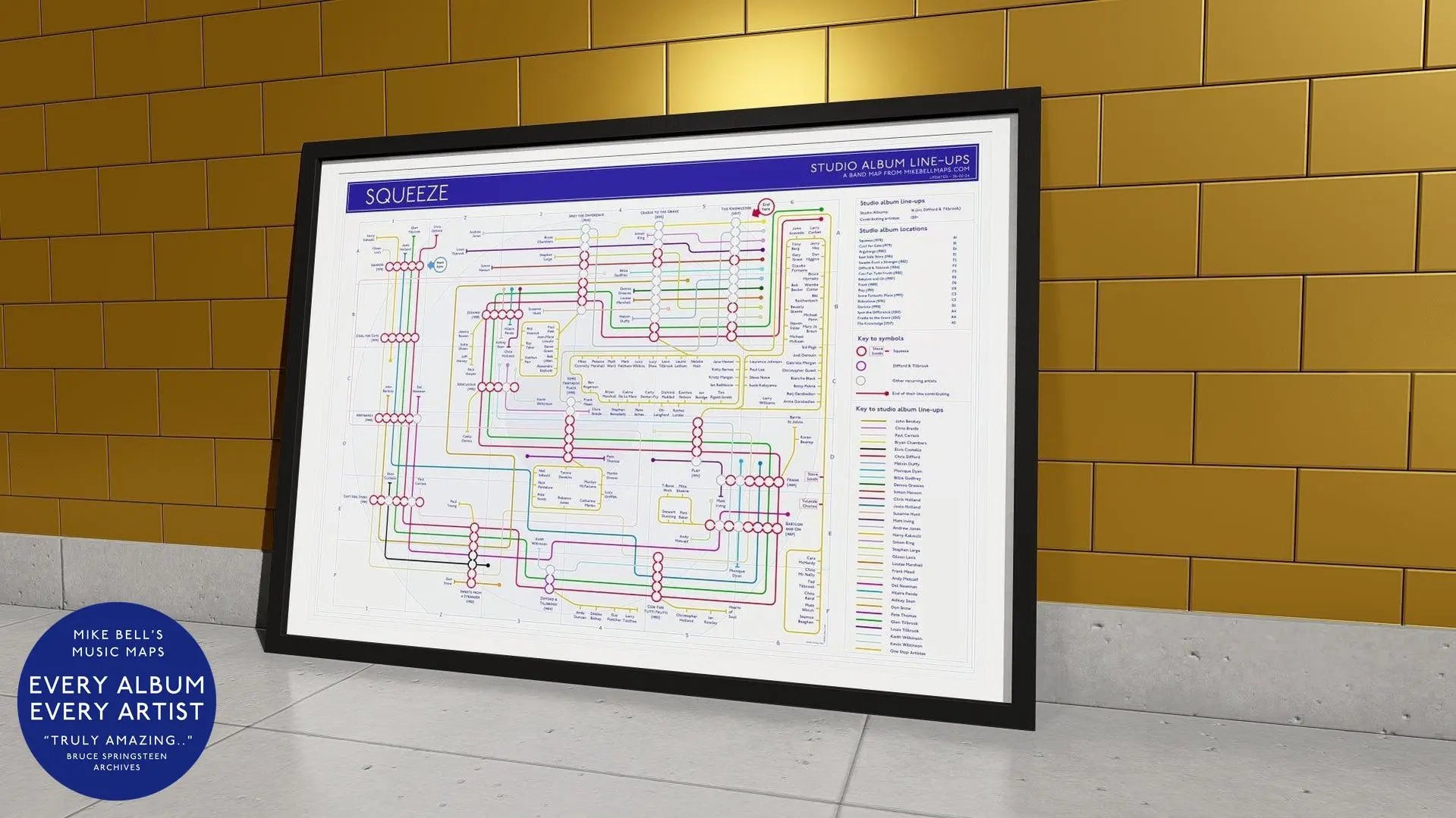 Framed Squeeze music map poster showing band members and Squeeze albums across decades.