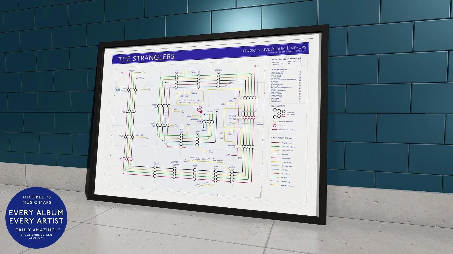 The Stranglers discography map displayed in a styled lounge setting, A1 landscape black framed wall art print, part of Mike Bell&