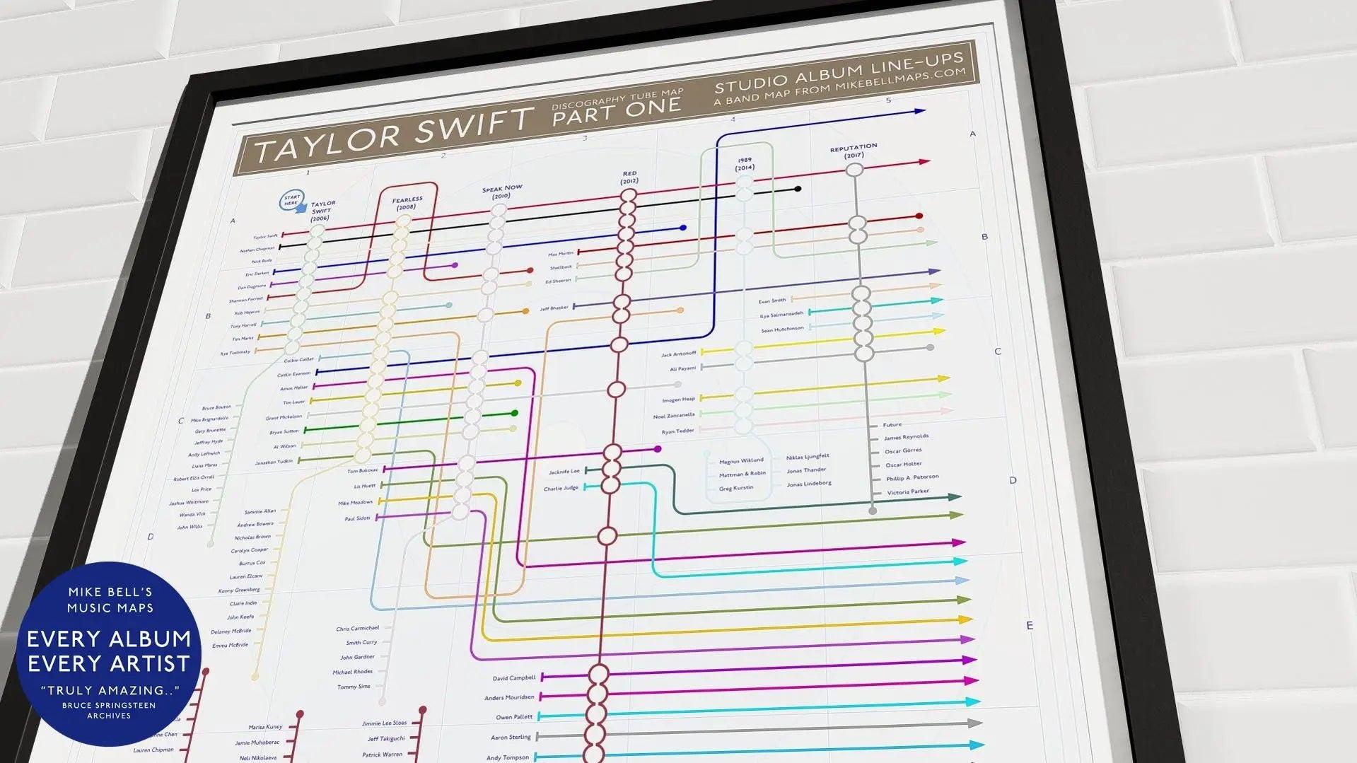 Taylor Swift Part One albums in order music map in A2 landscape unframed, Giclée wall art print from Mike Bell&