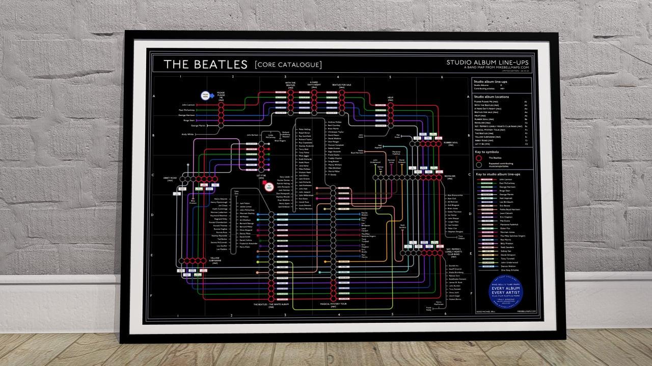 The Beatles Black Edition discography map wall art print in a black A1 landscape frame, hung on a feature wall, showing every studio album in order in a dark colourway, designed by Mike Bell at mikebellmaps.com.