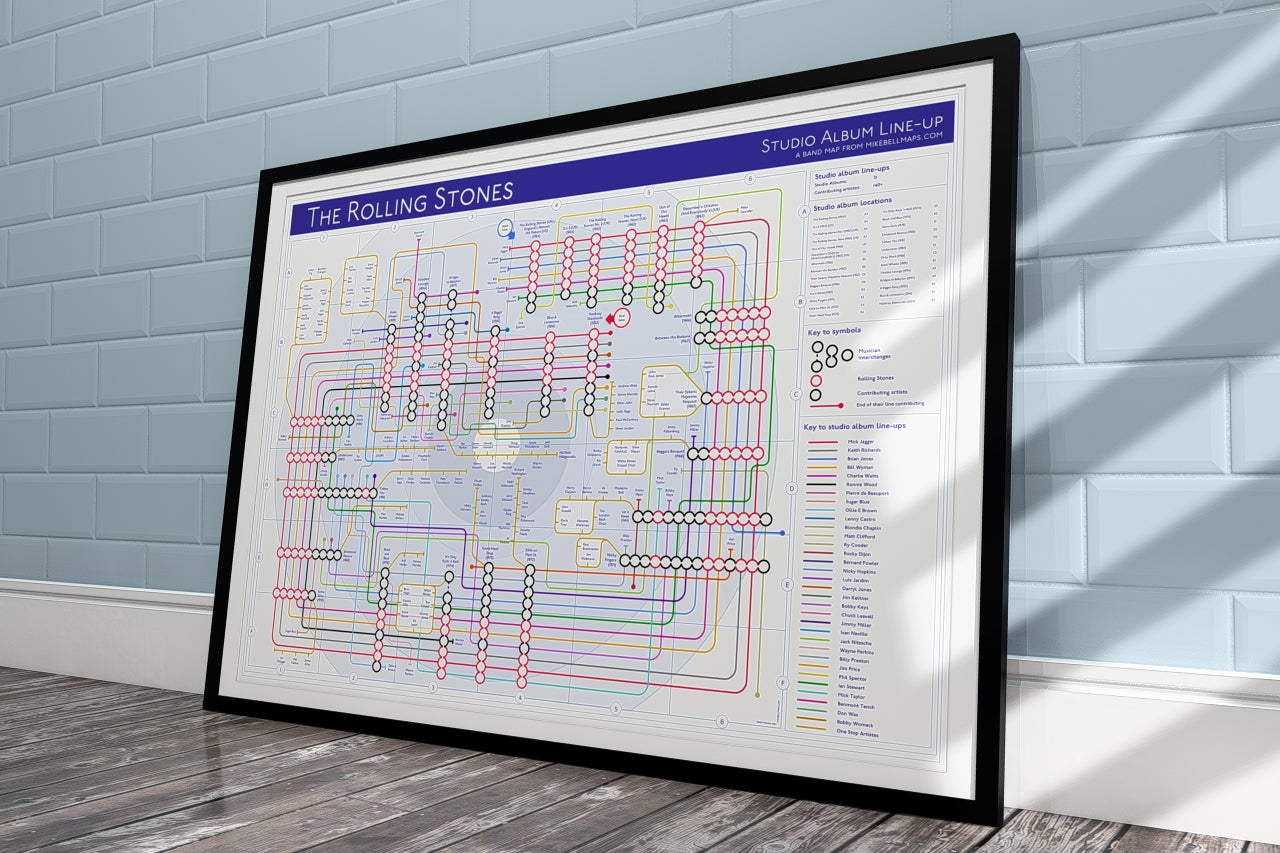 Rolling Stones map art print, unique art print featuring complete studio discography and artist collaborations, perfect gift for music fans.
