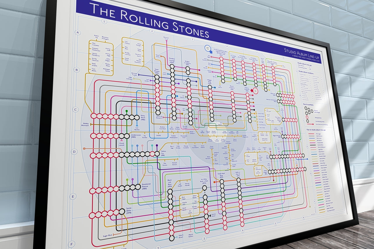 Rolling Stones art print, unique music map design for fans of records and gigs, makes a great gift.