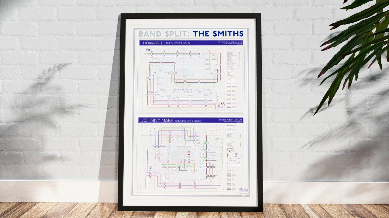 The Smiths discography map wall art print in a black A1 landscape frame, hung on a feature wall, showing every studio album in order, designed by Mike Bell at mikebellmaps.com.