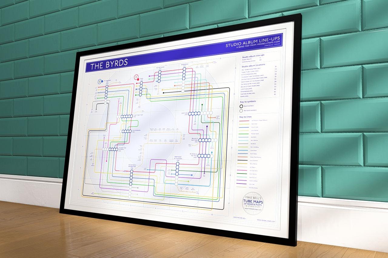 The Byrds discography map wall art print in a black A1 landscape frame, hung on a feature wall, showing every studio album in order, designed by Mike Bell at mikebellmaps.com.