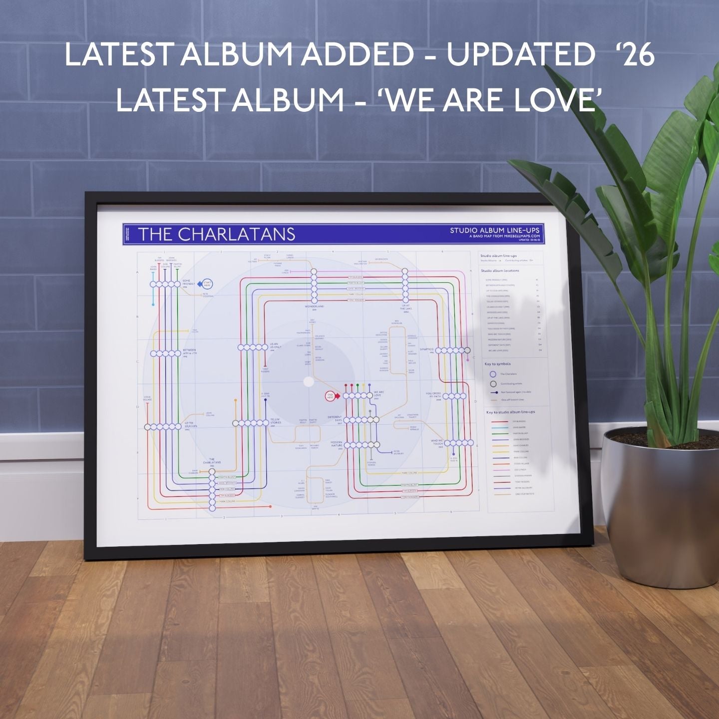 Ideal gift for Charlatans fans - discography tube map styled on a feature wall, framed in an A1 wooden frame, showing Tim Burgess and Martin Blunt as the two continuous backbone lines across the catalogue, designed by Mike Bell.