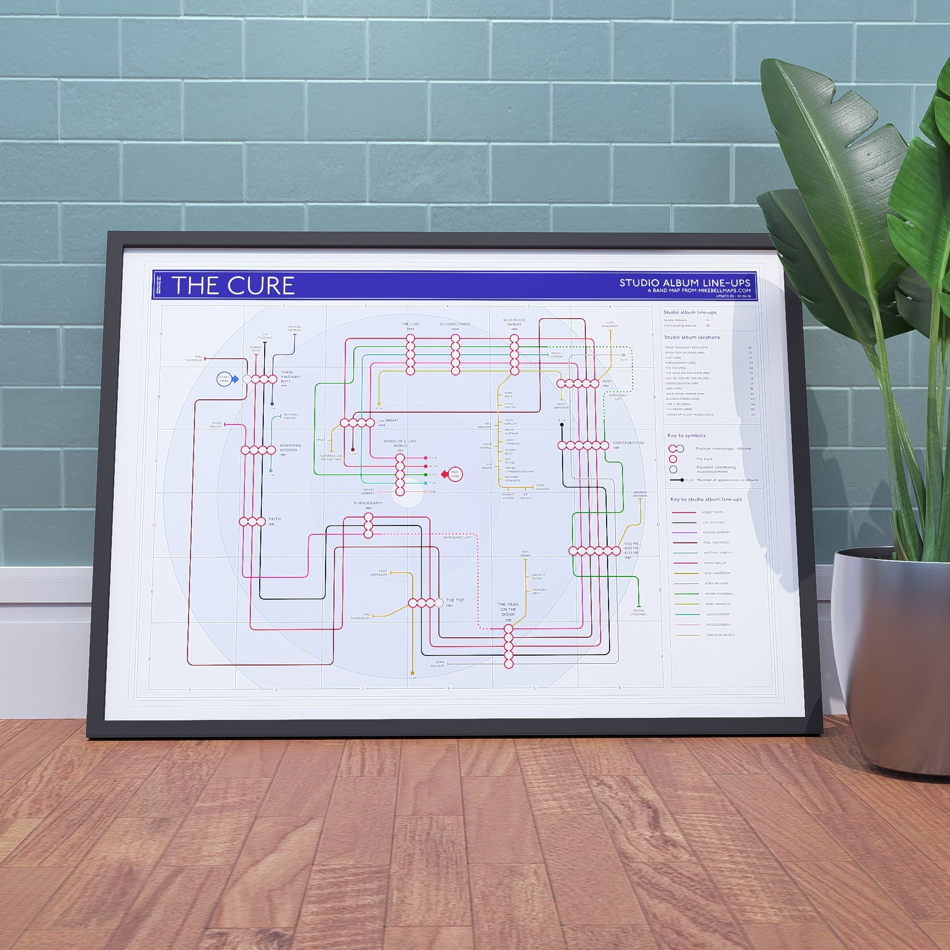 Ideal gift for The Cure fans - A1 framed Giclée discography tube map hung on a feature wall, showing every studio album from Three Imaginary Boys (1979) to Songs of a Lost World (2024) with Robert Smith and Simon Gallup as the long backbone lines, designed by Mike Bell at mikebellmaps.com.